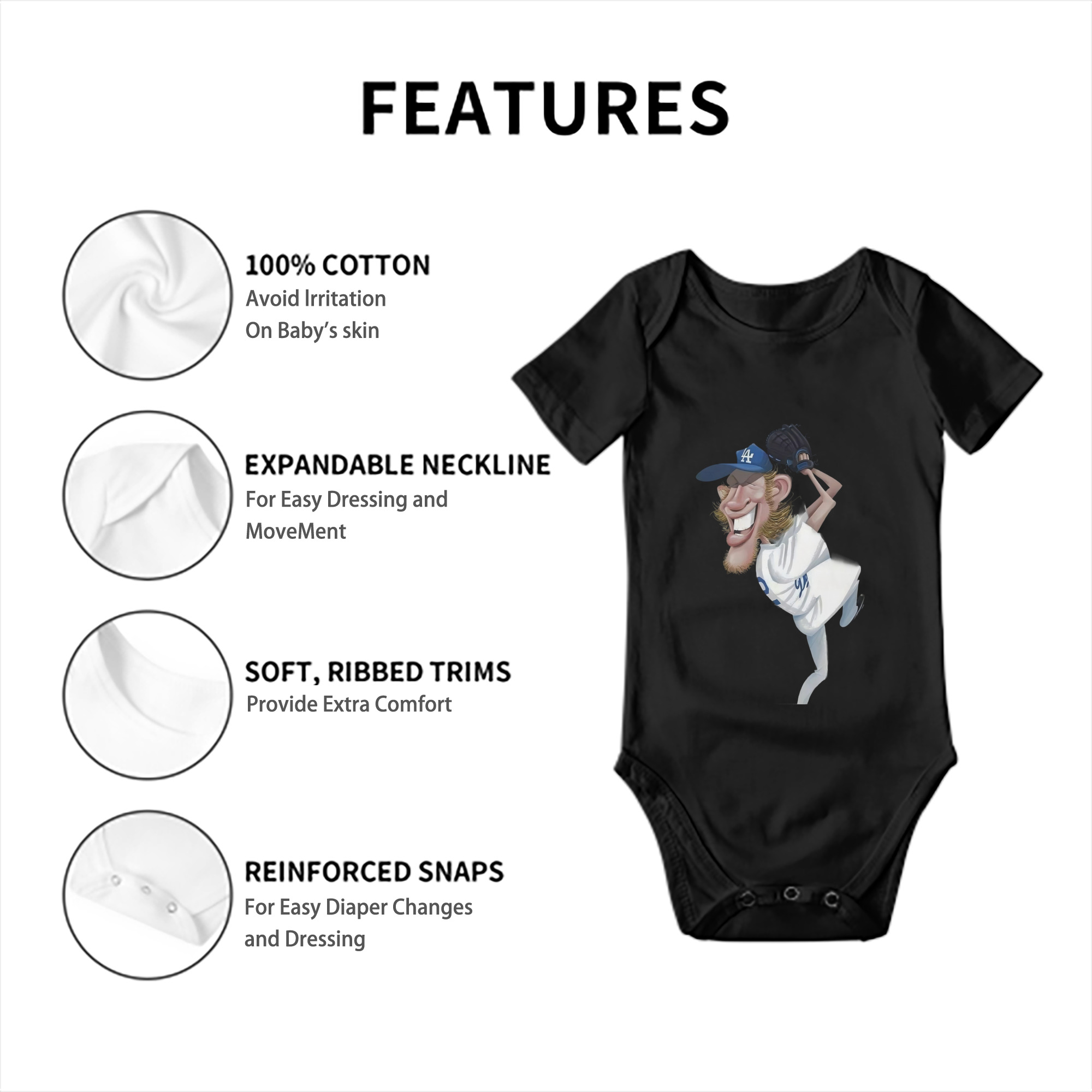 Clayton Kershaw  12 Baby Short Sleeve Romper – 100% Cotton Soft & Breathable Digital Print Onesie With Easy Snap Closure And Envelope Shoulder – Comfortable For Daily Wear & Travel