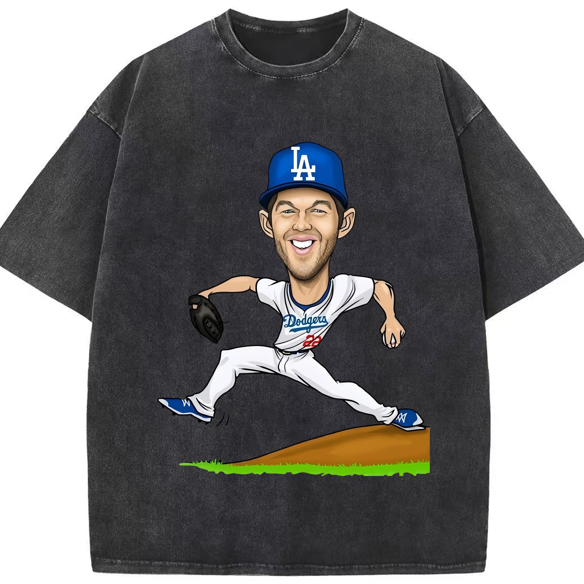 Clayton Kershaw  1 Washed Vintage Look 230g Cotton Oversized T-Shirt With Front Heat Transfer Print – Soft, Lightweight, Stylish Fit – Comfortable Casual Wear For Sports & Everyday Use
