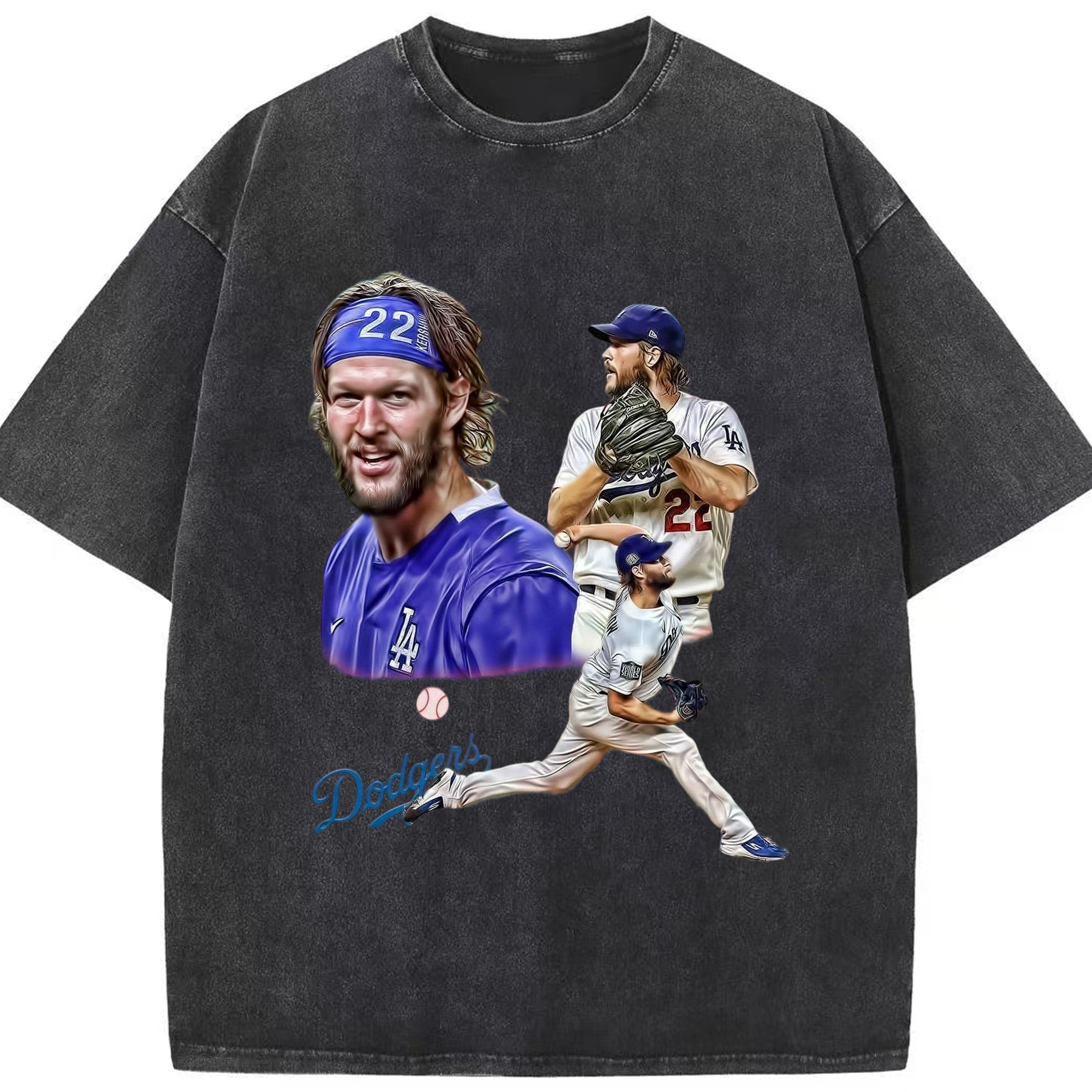 Clayton Kershaw 6 Washed Vintage Look 230g Cotton Oversized T-Shirt With Front Heat Transfer Print – Soft, Lightweight, Stylish Fit – Comfortable Casual Wear For Sports & Everyday Use