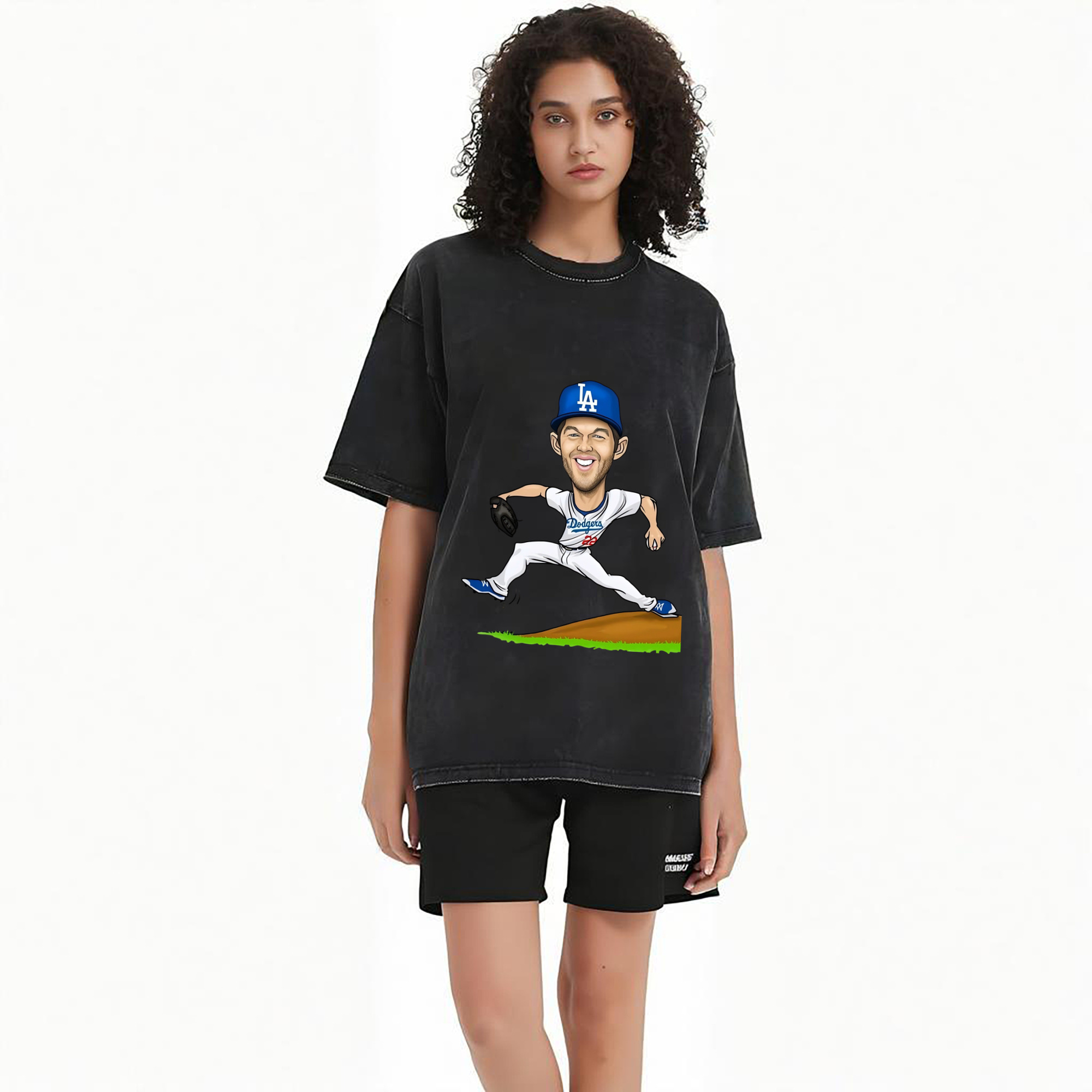 Clayton Kershaw  1 Washed Vintage Look 230g Cotton Oversized T-Shirt With Front Heat Transfer Print – Soft, Lightweight, Stylish Fit – Comfortable Casual Wear For Sports & Everyday Use