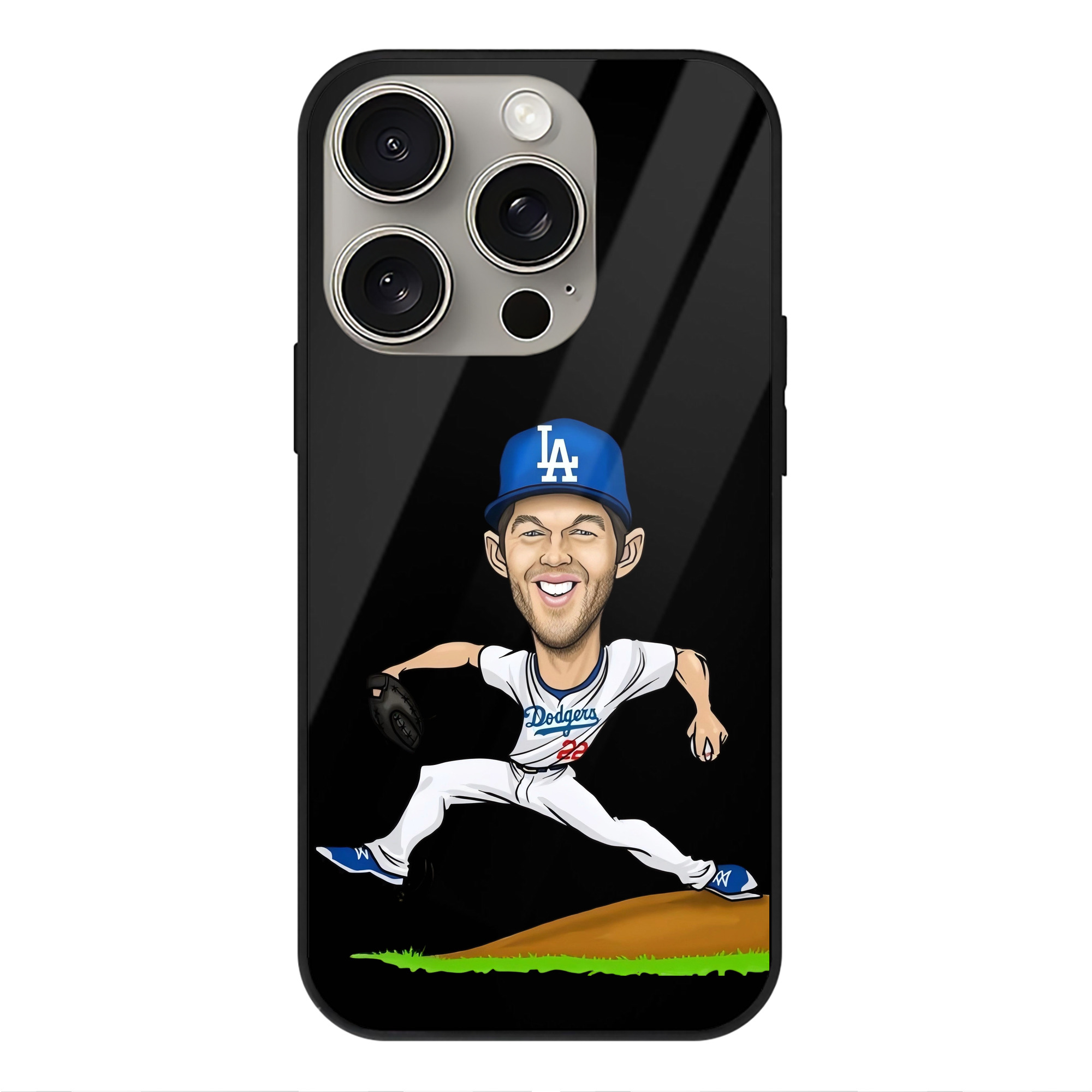 Clayton Kershaw  1 IPhone 15 Pro Mirror Phone Case – UV Printed Glass + TPU – Scratch-Resistant, Wireless Charging Compatible, Precise Fit & Stylish Design