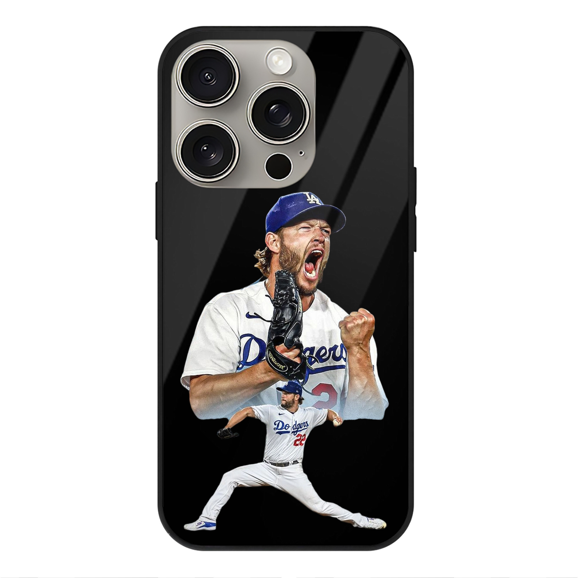 Clayton Kershaw 2 IPhone 15 Pro Mirror Phone Case – UV Printed Glass + TPU – Scratch-Resistant, Wireless Charging Compatible, Precise Fit & Stylish Design