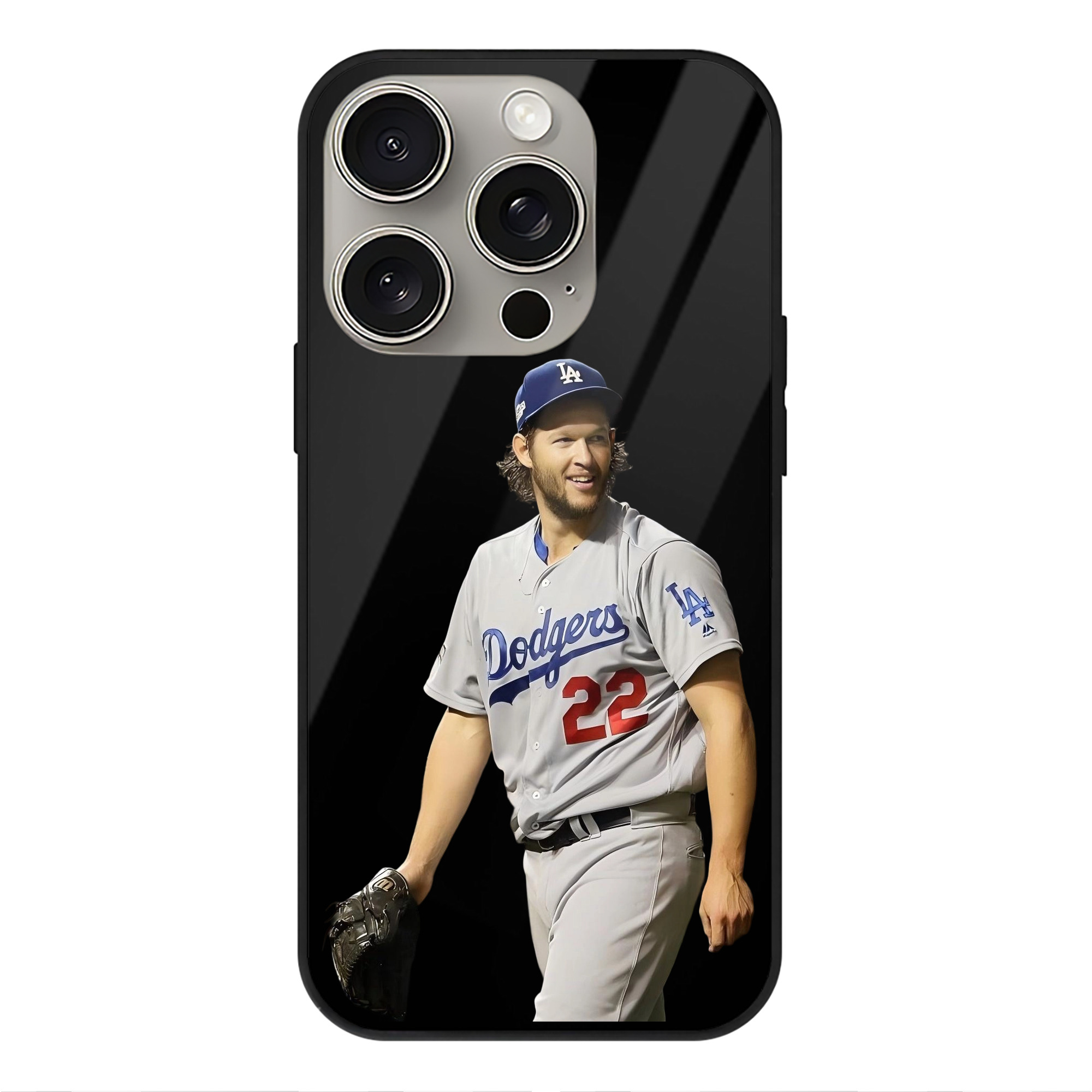 Clayton Kershaw 5 IPhone 15 Pro Mirror Phone Case – UV Printed Glass + TPU – Scratch-Resistant, Wireless Charging Compatible, Precise Fit & Stylish Design