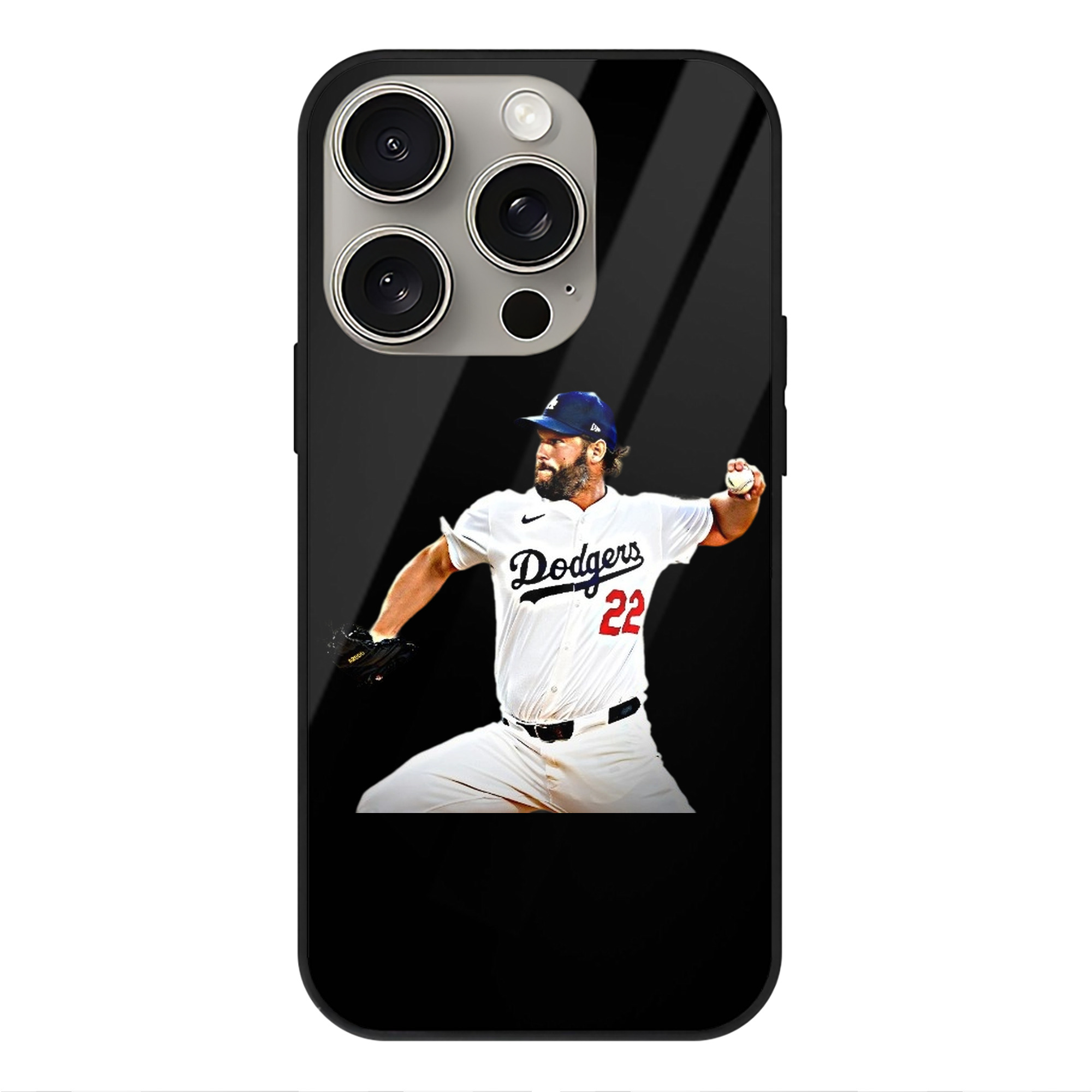 Clayton Kershaw  9 IPhone 15 Pro Mirror Phone Case – UV Printed Glass + TPU – Scratch-Resistant, Wireless Charging Compatible, Precise Fit & Stylish Design