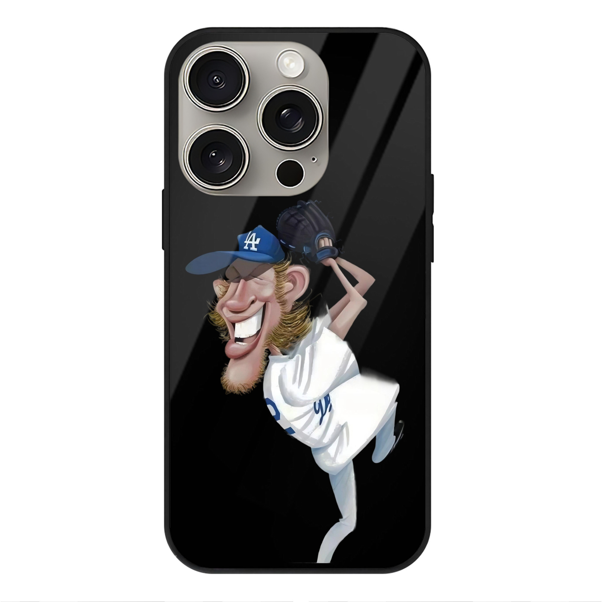 Clayton Kershaw  12 IPhone 15 Pro Mirror Phone Case – UV Printed Glass + TPU – Scratch-Resistant, Wireless Charging Compatible, Precise Fit & Stylish Design