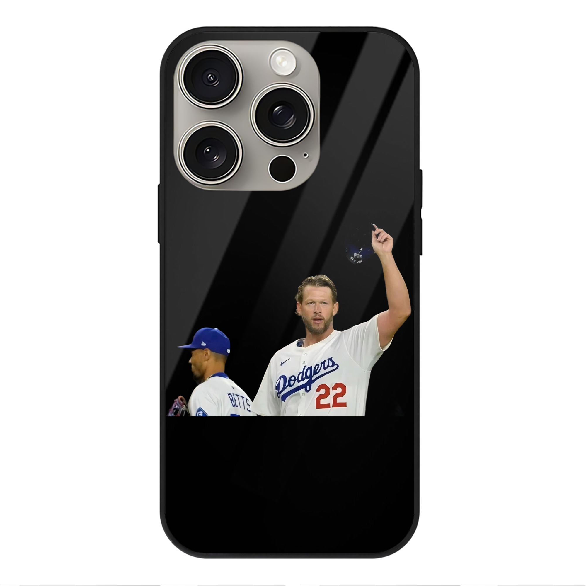 Clayton Kershaw 13 IPhone 15 Pro Mirror Phone Case – UV Printed Glass + TPU – Scratch-Resistant, Wireless Charging Compatible, Precise Fit & Stylish Design