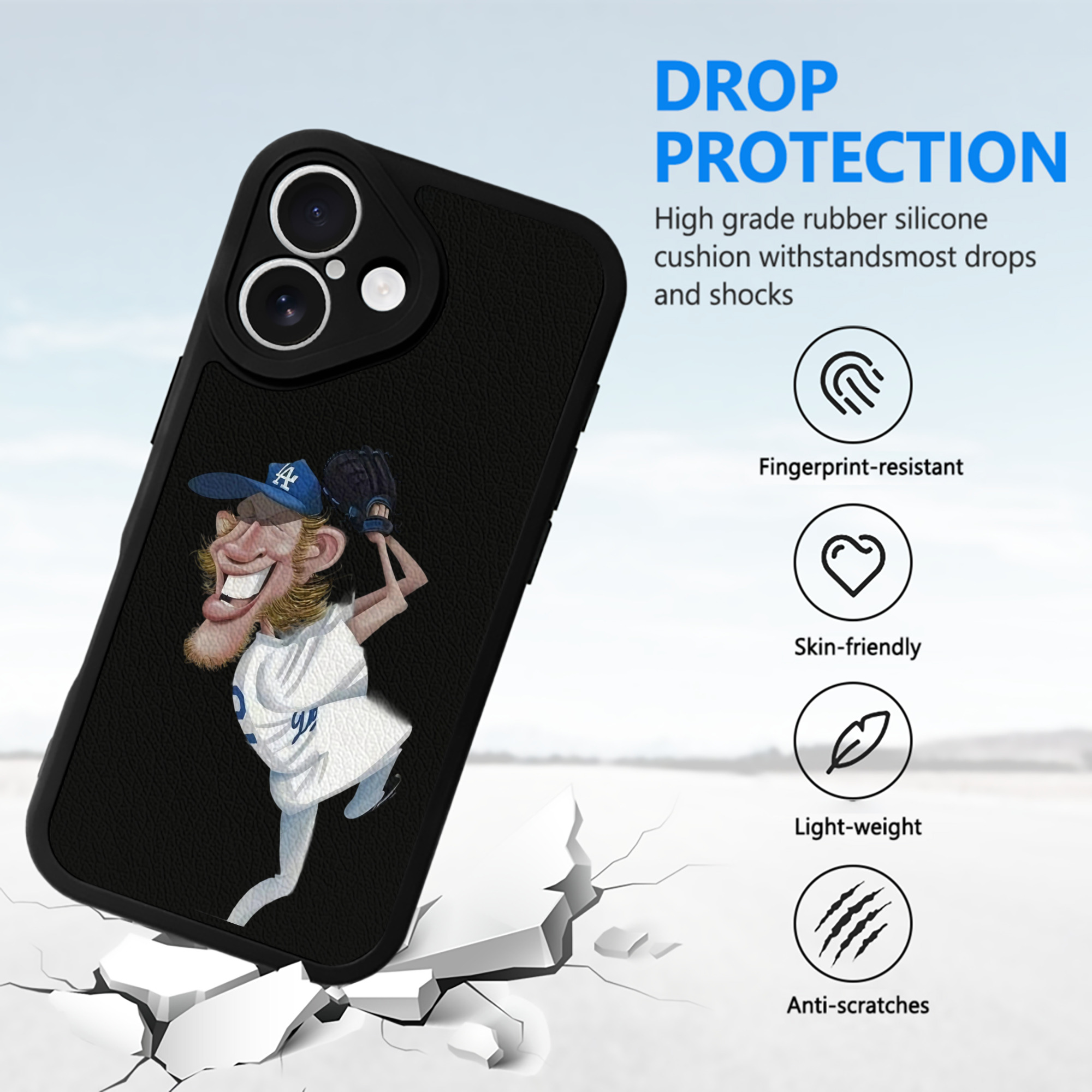 Clayton Kershaw  12 IPhone 16 Silicone Leather Case – UV Print, Lambskin Texture – Perfect Fit, Wireless Charging Compatible, Scratch Resistant, Precise Cutouts – Stylish Protection For IPhone 16