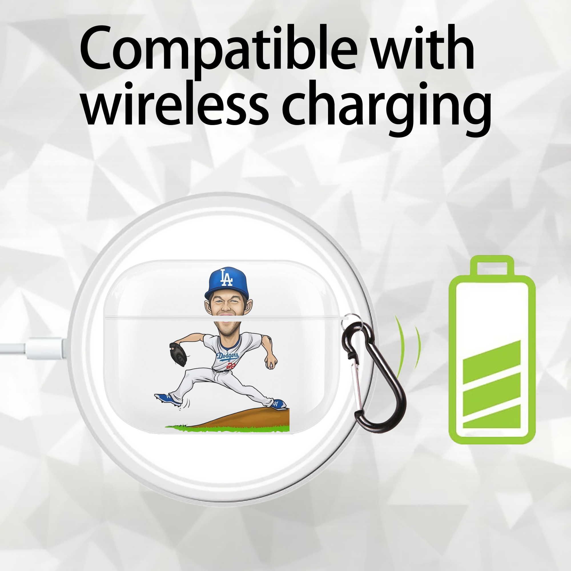 Clayton Kershaw  1 AirPods Pro Hard Case White With Keychain, Durable Flexible PC, Precise Cutouts, Anti-Fingerprint, Yellowing & Scratch Resistant, Full Protection, Washable