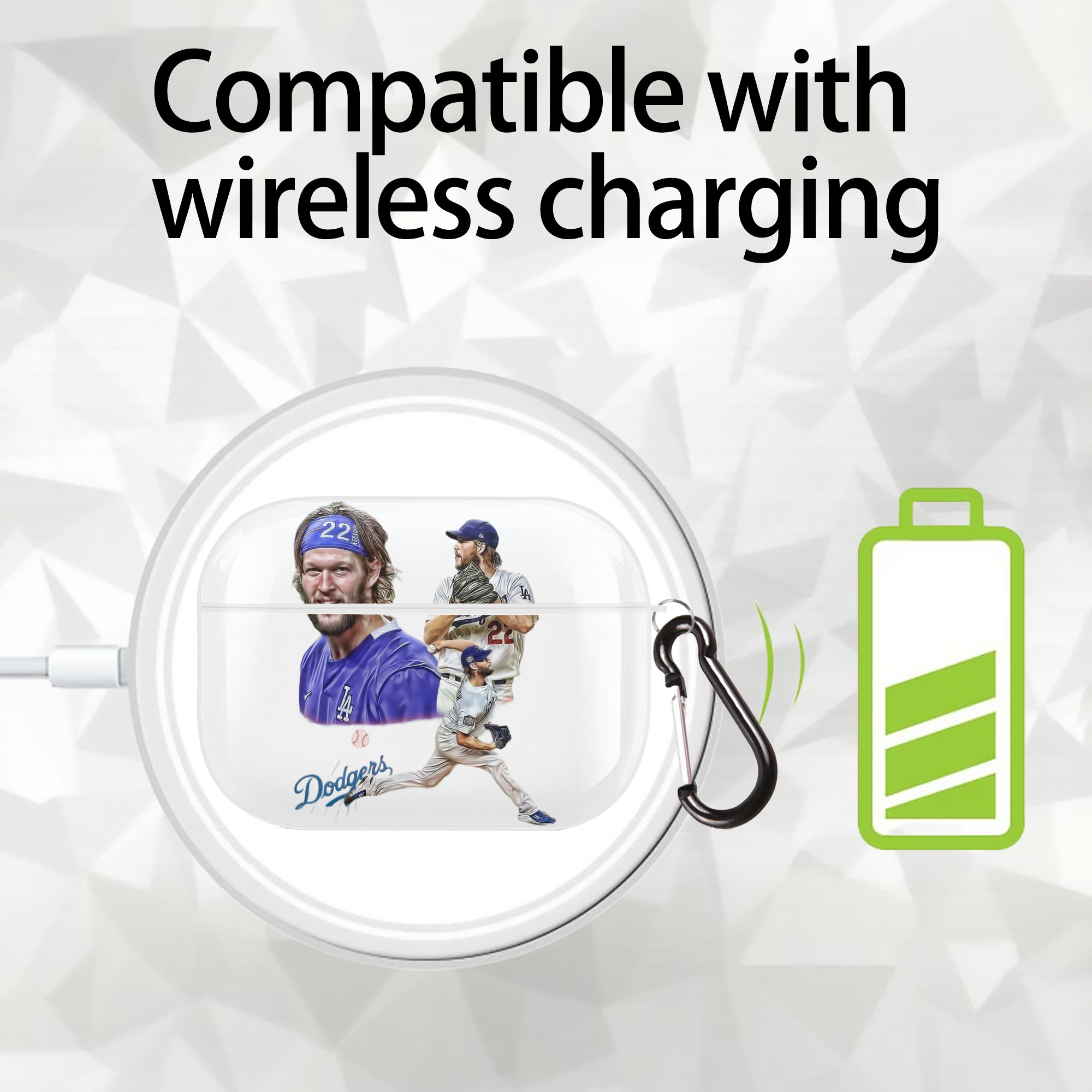 Clayton Kershaw 6 AirPods Pro Hard Case White With Keychain, Durable Flexible PC, Precise Cutouts, Anti-Fingerprint, Yellowing & Scratch Resistant, Full Protection, Washable