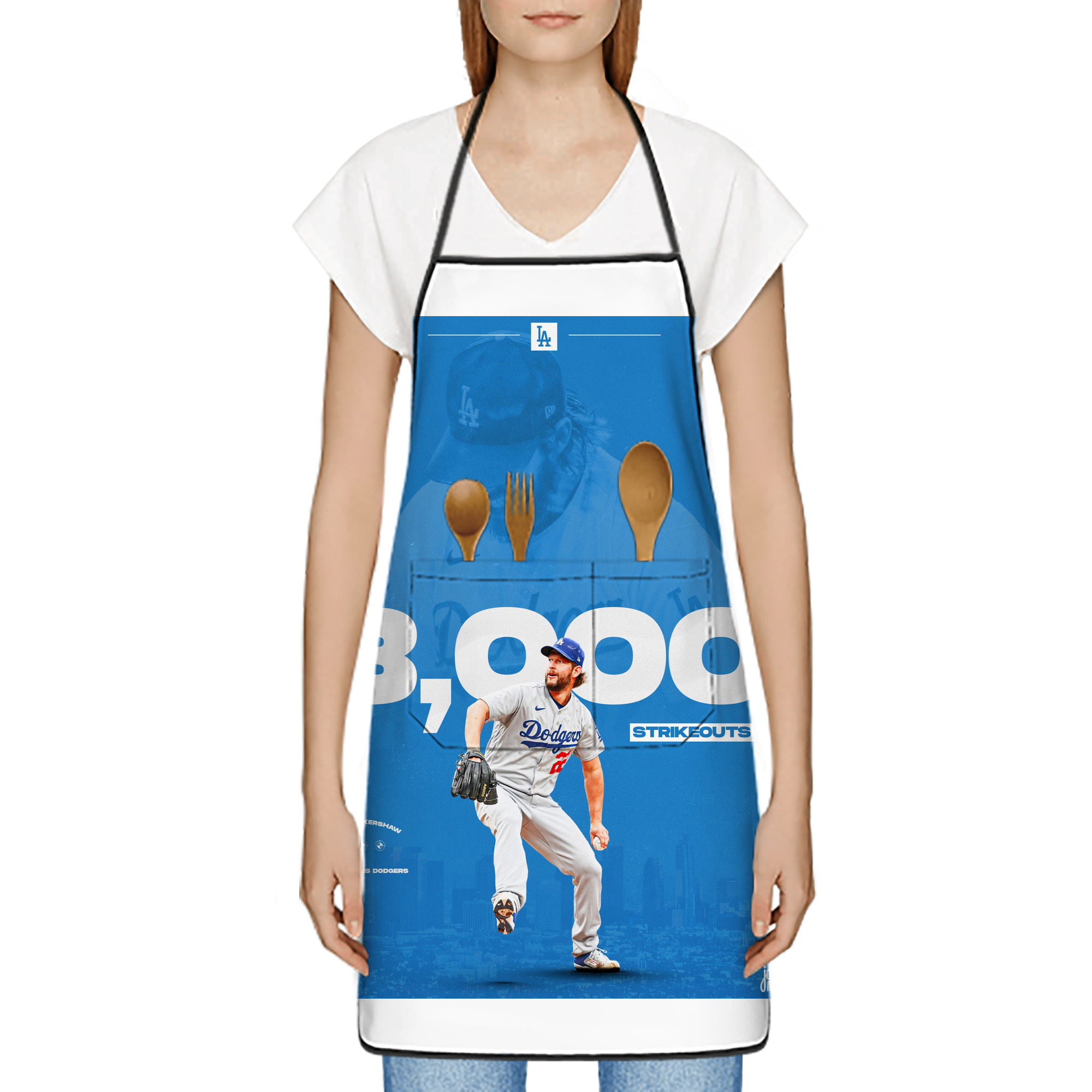 Clayton Kershaw  3K 18 Stain-Resistant Polyester Apron With Pocket – Full Print, Waterproof, Anti-Wrinkle, Anti-Pilling – Ideal For Kitchen, BBQ, Restaurant, Salon & More