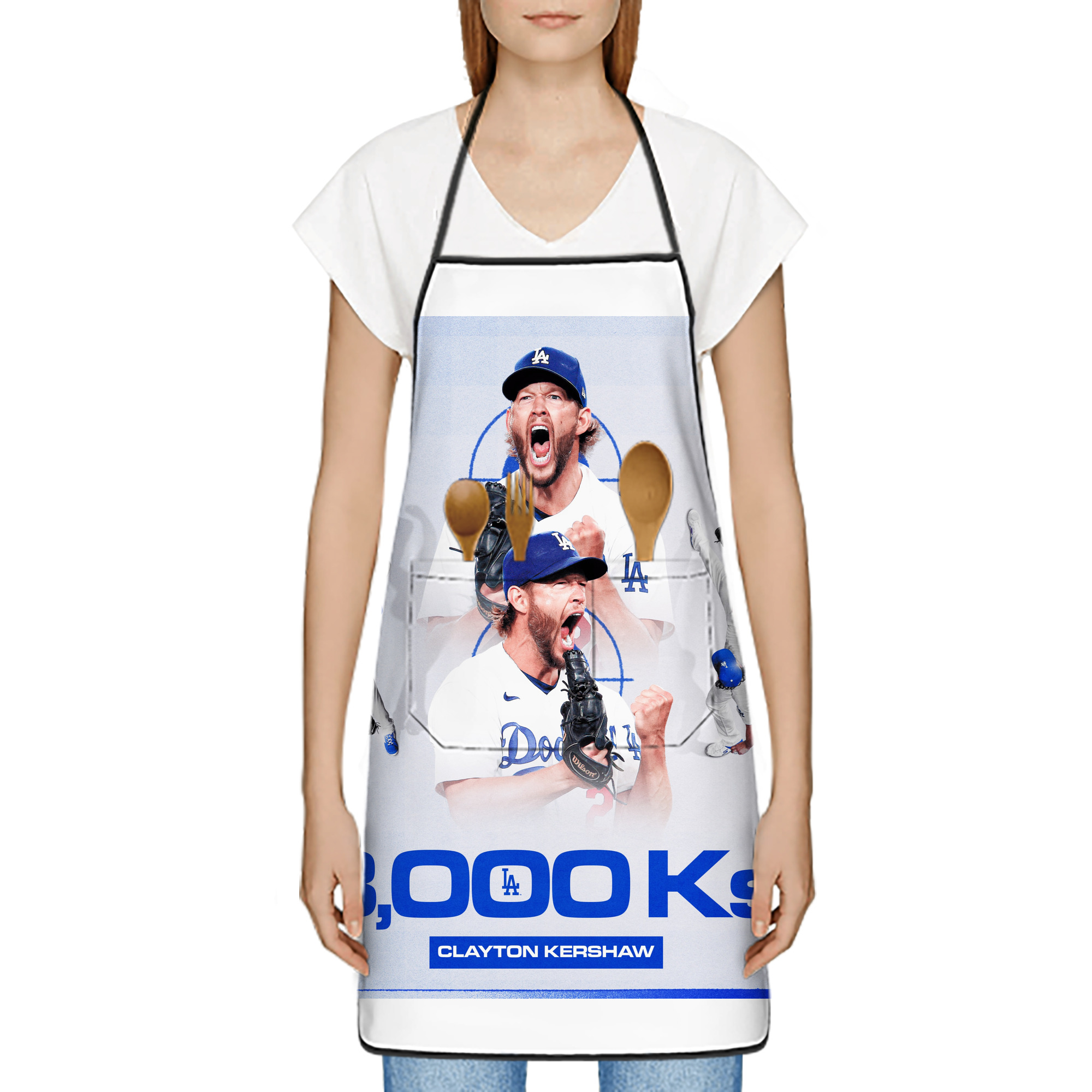 Clayton Kershaw  3K 19 Stain-Resistant Polyester Apron With Pocket – Full Print, Waterproof, Anti-Wrinkle, Anti-Pilling – Ideal For Kitchen, BBQ, Restaurant, Salon & More