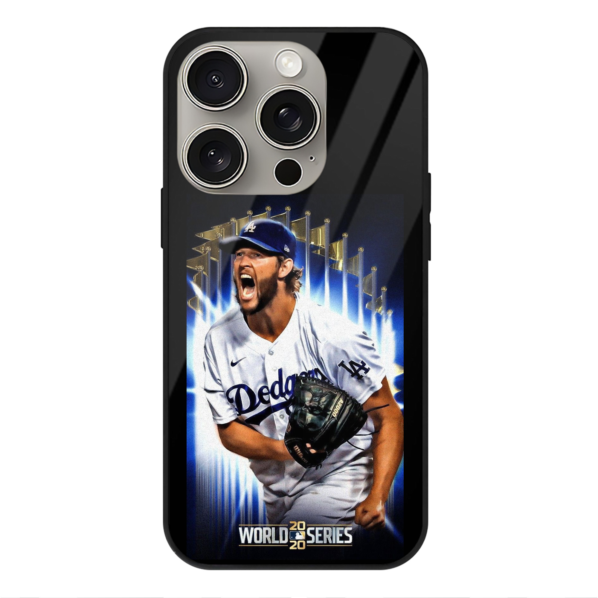 Clayton Kershaw 8 IPhone 15 Pro Mirror Phone Case – UV Printed Glass + TPU – Scratch-Resistant, Wireless Charging Compatible, Precise Fit & Stylish Design