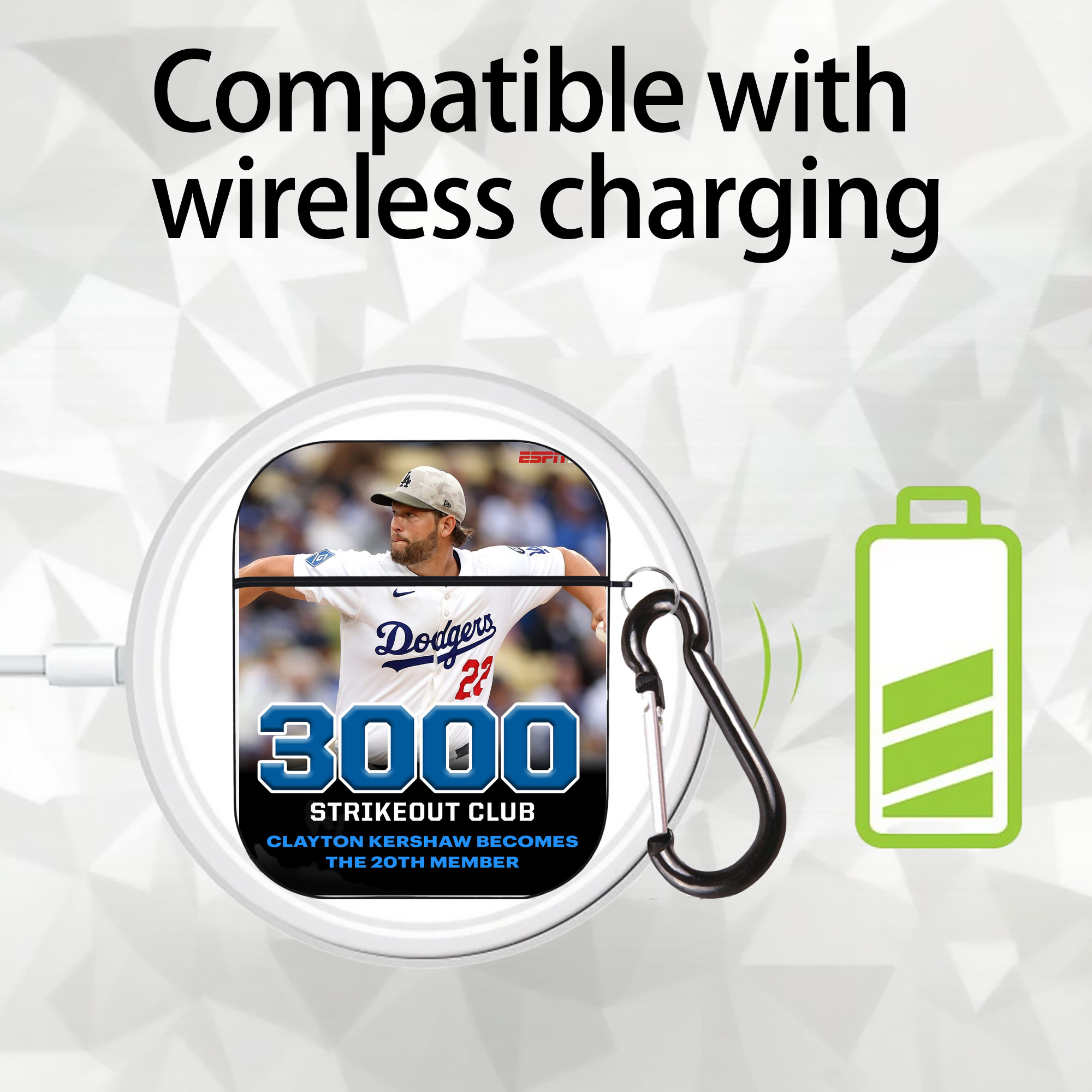 Clayton Kershaw  3K 11 AirPods 2 Case Hard Shell Black, Flexible PC Material, Precise Cutouts, Full Protection, Anti-Fingerprint, Washable, Includes Keychain – Durable & Slim Design