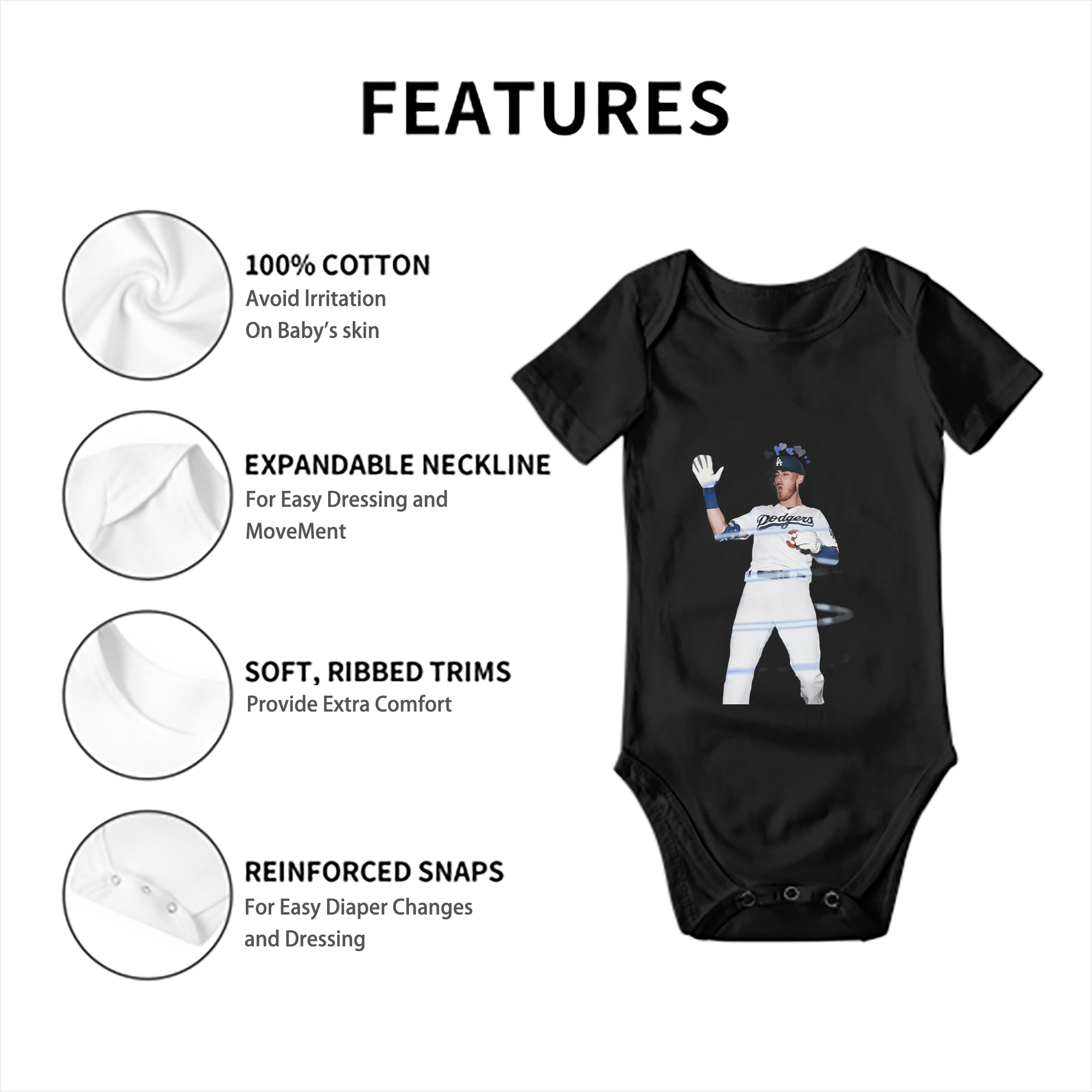Cody Bellinger 1 Baby Short Sleeve Romper – 100% Cotton Soft & Breathable Digital Print Onesie With Easy Snap Closure And Envelope Shoulder – Comfortable For Daily Wear & Travel