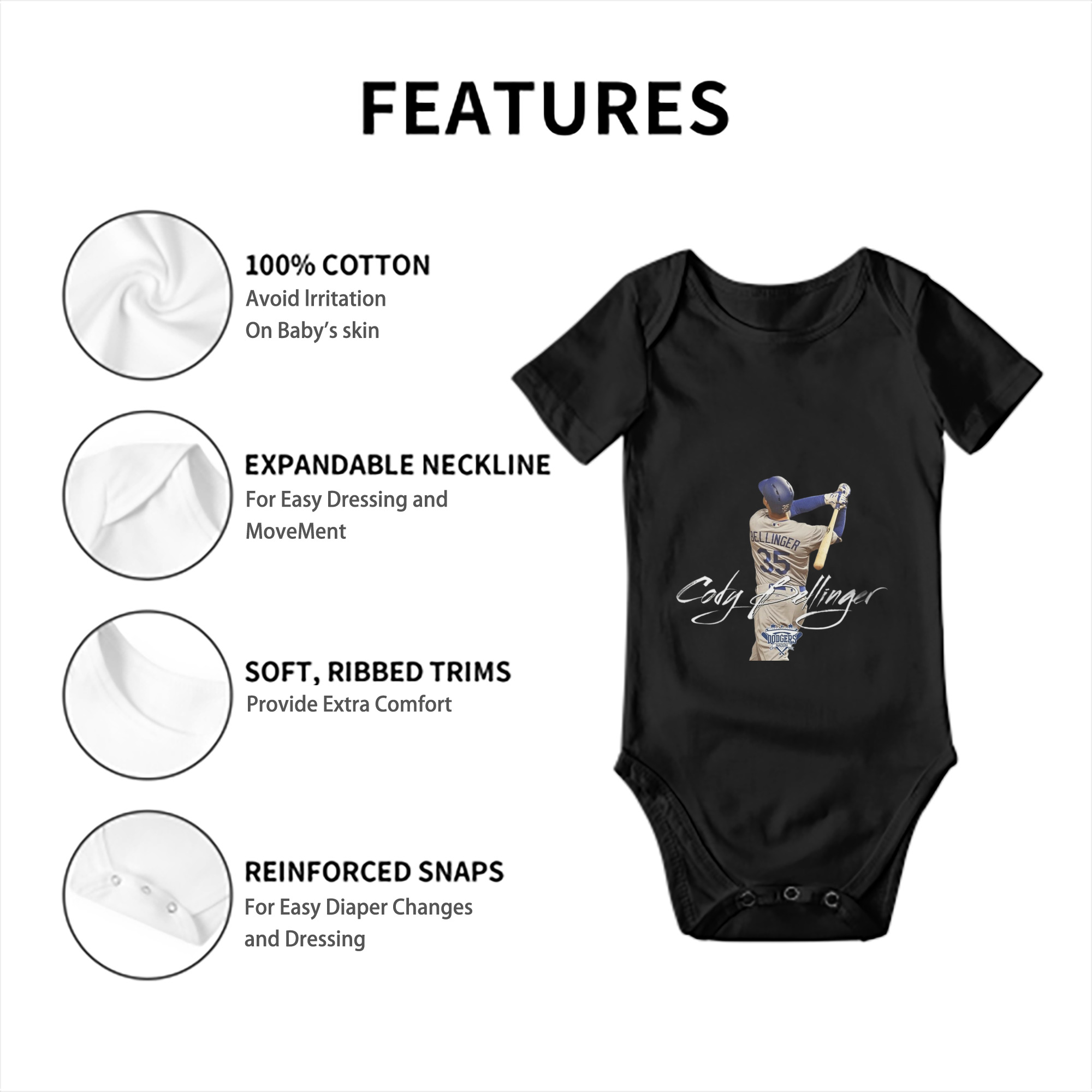 Cody Bellinger 3 Baby Short Sleeve Romper – 100% Cotton Soft & Breathable Digital Print Onesie With Easy Snap Closure And Envelope Shoulder – Comfortable For Daily Wear & Travel