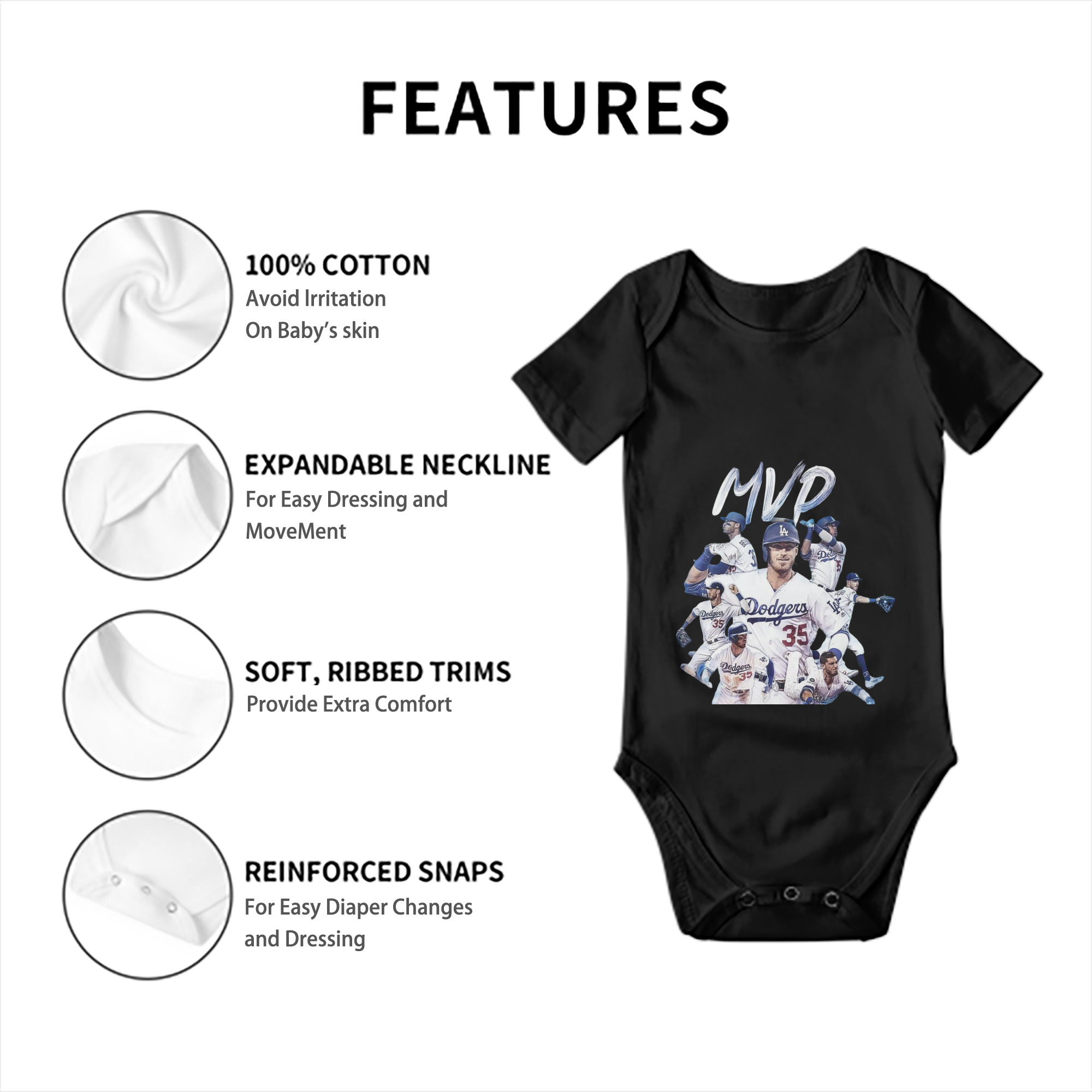 Cody Bellinger 4 Baby Short Sleeve Romper – 100% Cotton Soft & Breathable Digital Print Onesie With Easy Snap Closure And Envelope Shoulder – Comfortable For Daily Wear & Travel