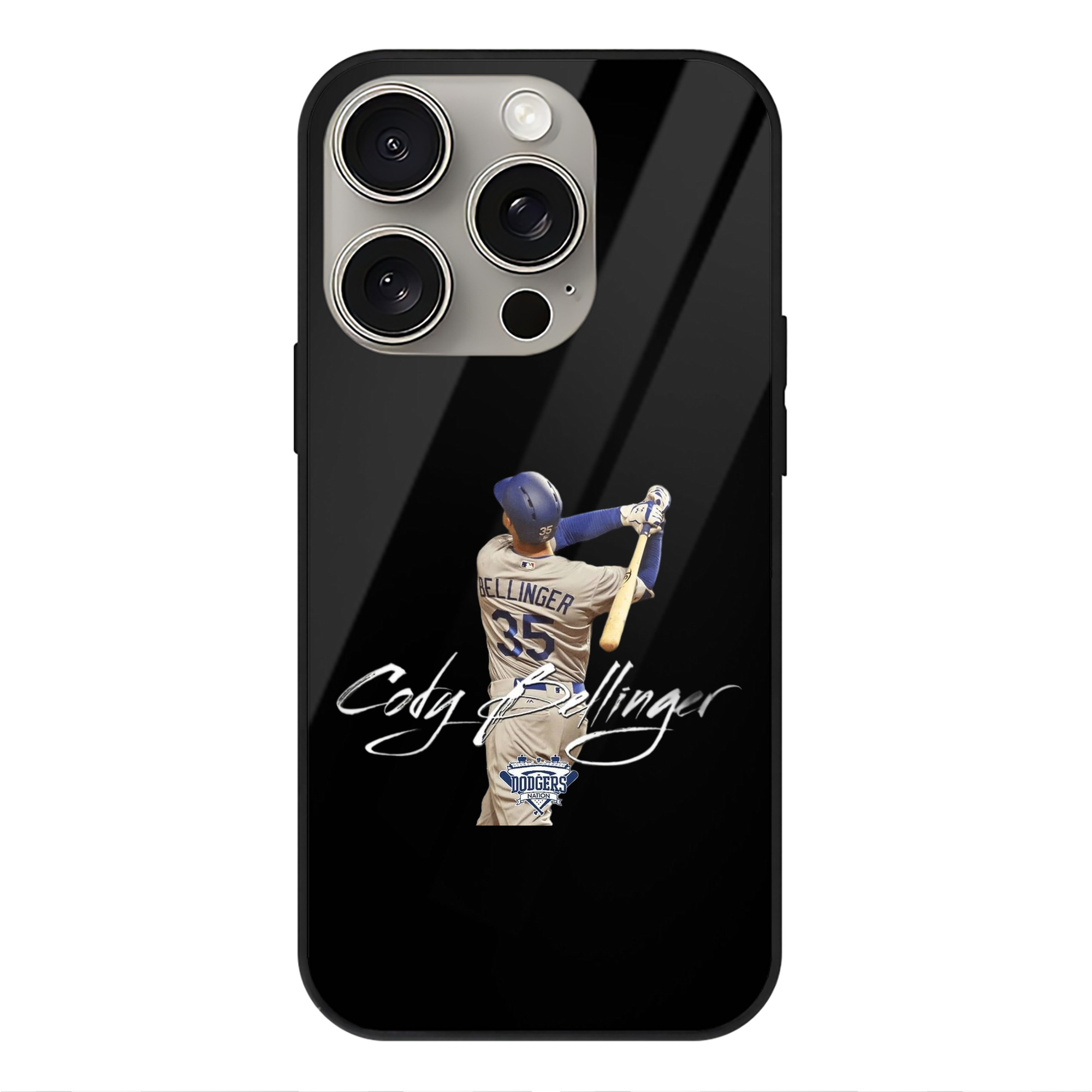 Cody Bellinger 3 IPhone 15 Pro Mirror Phone Case – UV Printed Glass + TPU – Scratch-Resistant, Wireless Charging Compatible, Precise Fit & Stylish Design