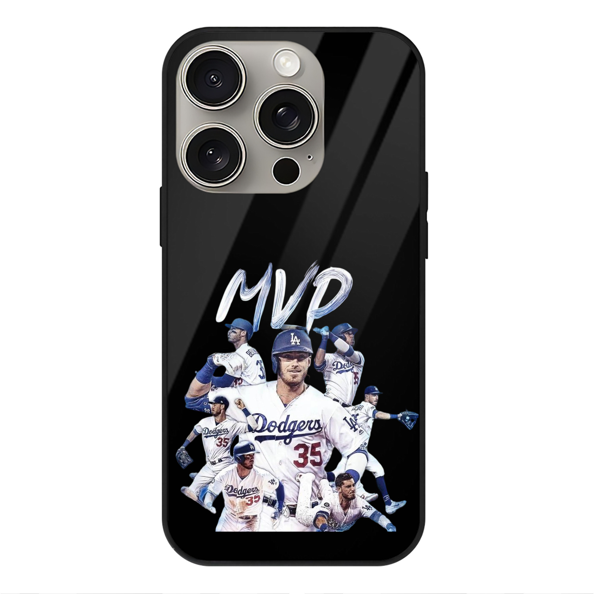 Cody Bellinger 4 IPhone 15 Pro Mirror Phone Case – UV Printed Glass + TPU – Scratch-Resistant, Wireless Charging Compatible, Precise Fit & Stylish Design